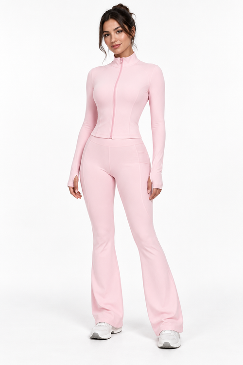 Conjunto rosa – Crop Top y Pantalón Flare